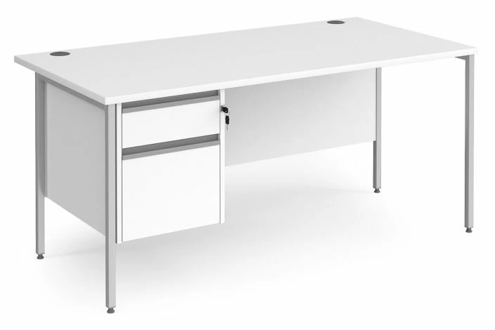 All White Rectangular H-Leg Desk 2 Drawers