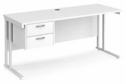 All White Premium C-Leg Narrow Rectangular Desk 2 Drawers