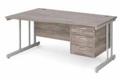 All Grey Oak Double C-Leg Left Hand Wave Desk 3 Drawers