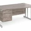 All Grey Oak Double C-Leg Right Hand Wave Desk 3 Drawers