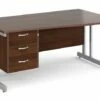 All Walnut Double C-Leg Right Hand Wave Desk 3 Drawers