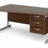 All Walnut C-Leg Left Hand Wave Desk 3 Drawers